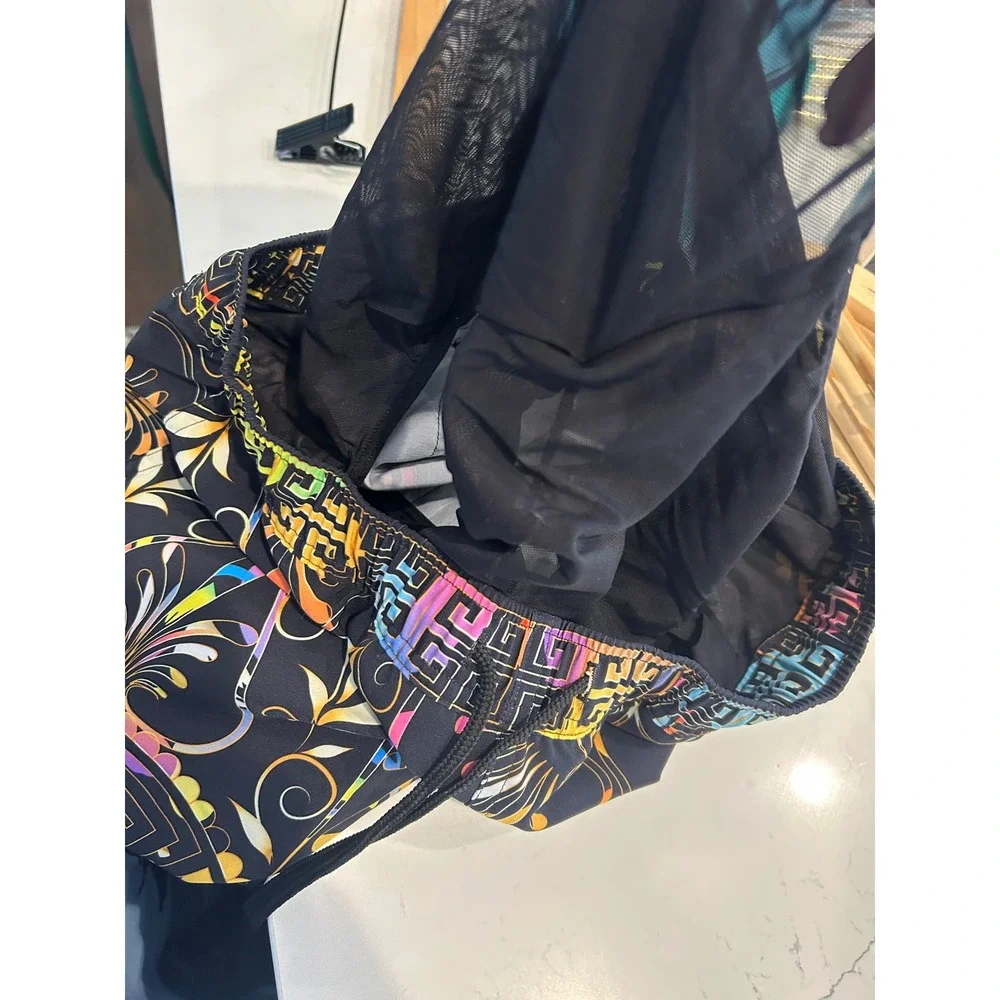 Johnny Was Swim Trunks Black Multi Color Geometric Floral Board Shorts Mens‎